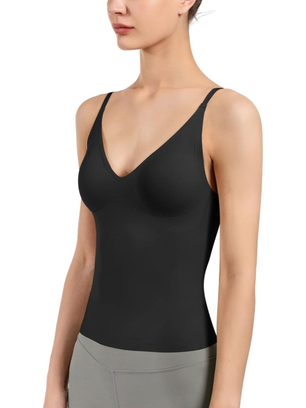Women's Black Fit Camisole with Built in Bra - Spaghetti Straps Camis Tank